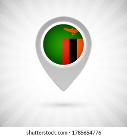 Shiny map pin with flag of Zambia country. Abstract map marker with flag over classic background
