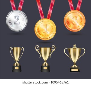 Shiny medals and golden cups for sportive wins. Awards outstanding achievements in sport. Different prizes on ribbon vector illustrations set.