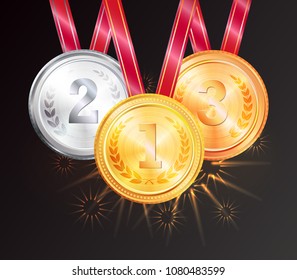 Shiny medals prizal place in competition. Honorable awards for win. Round glossy prizes first three places isolated vector illustration gold silver bronze