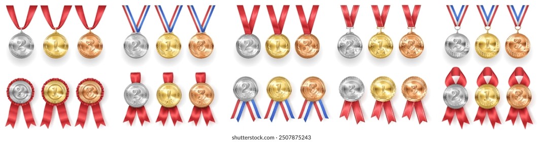 Shiny medals with ribbons for winners realistic vector illustration set. Rewards with finalists of sports contest 3d models on white background