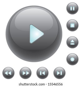Shiny media control buttons for audio or video.  Vector art.