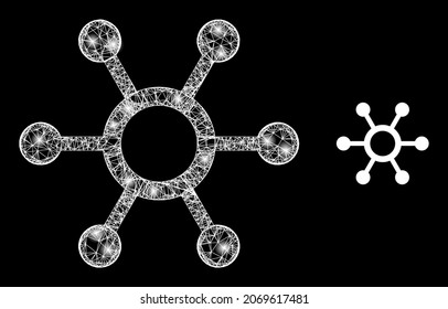Shiny mesh central links with light spots. Wire frame 2D mesh generated with crossing white lines and central links icon. White mesh and sparkle frame polygonal central links on a black background.