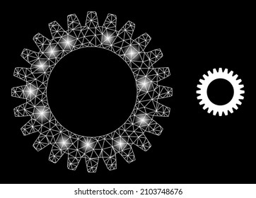 Icono de la red de la rueda cognoscitiva de malla brillante con manchas iluminadas. Constelación iluminada generada a partir del icono del vector de la rueda cognitiva. Rueda poligonal de marco iluminada, sobre fondo negro.