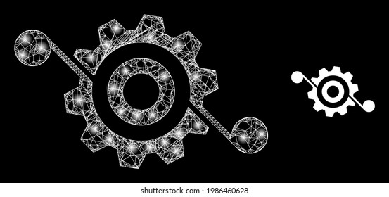 Shiny mesh gear solution with glowing spots. Linear carcass flat mesh generated with intersected white lines and gear solution icon.