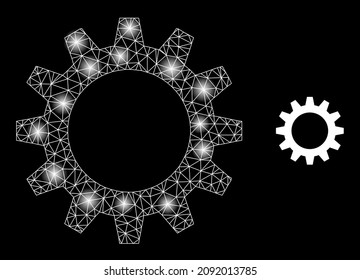Shiny mesh gearwheel web icon with illuminated spots. Illuminated constellation generated using gearwheel vector icon. Constellation frame web polygonal gearwheel, on a black background.