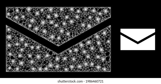 Shiny mesh mail with light spots. Wire carcass flat mesh generated from crossed white lines and mail icon. White mesh and sparkle carcass mesh mail on a black background.