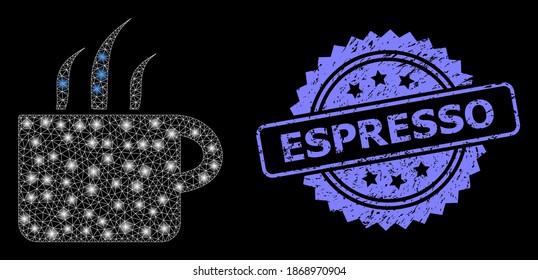 Shiny mesh net aroma cup with lightspots, and Espresso scratched rosette stamp seal. Illuminated vector constellation created from aroma cup icon. Blue stamp seal has Espresso tag inside rosette.