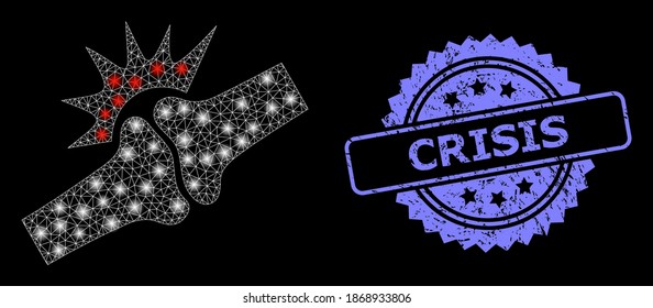 Shiny mesh net bone joint fracture with glowing spots, and Crisis corroded rosette seal print. Illuminated vector model created from bone joint fracture icon.