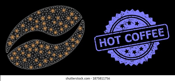 Shiny mesh net cacao bean with glowing spots, and Hot Coffee rubber rosette stamp seal. Illuminated vector constellation created from cacao bean icon.