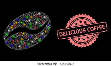 Shiny-Mesh-Kakaobohne mit Lichtflecken, und Delicious Kaffee-Kautschuk Rosette Stempel-Siegel. Illuminierte Vektorgitter aus Kakaobohnensymbol.