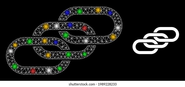 La cadena de redes de malla brillante enlaza con focos luminosos. Carcasa vectorial iluminada creada a partir del icono de los enlaces de cadena. Esparcen eslabones de la cadena de malla de la canal, sobre un fondo negro.