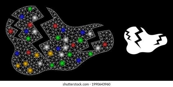 Shiny mesh net crack with colored flash nodes. Constellation vector frame created from crack pictogram. Sparkle constellation mesh crack, on a black backgound.