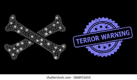 Shiny mesh net crossing bones with lightspots, and Terror Warning grunge rosette seal imitation. Illuminated vector constellation created from crossing bones icon.