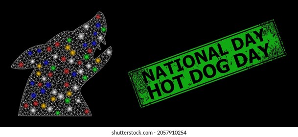 Shiny mesh net dog head with colored glowing spots, and grunge National Day Hot Dog Day seal stamp. Green stamp seal has National Day Hot Dog Day caption inside framed rectangle.