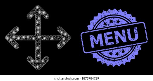 Shiny mesh net expand arrows with light spots, and Menu dirty rosette seal. Illuminated vector constellation created from expand arrows icon. Blue stamp seal contains Menu tag inside rosette.