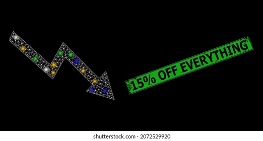 Shiny mesh net falling trend arrow with vibrant bright dots, and grunge 15 discount Off Everything seal stamp. Green stamp seal contains 15 discount Off Everything title inside framed rectangle.
