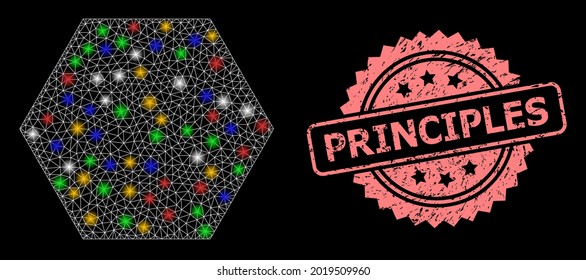 Ein glänzendes Netz füllte Hexagon mit Leuchtpunkten und Principles strukturierte Rosette-Siegel. Illuminierte Vektormaschen, die aus gefülltem Hexagon-Symbol hergestellt wurden. Rosa Stempelsiegel hat Principles Tag in Rosette.
