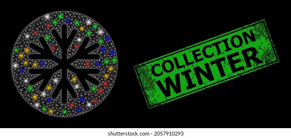 Shiny mesh net frost with multicolored glowing spots, and grunge Collection Winter seal stamp. Green stamp seal has Collection Winter tag inside framed rectangle.