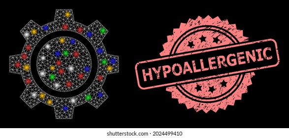 Shiny mesh net gear wheel with glowing spots, and Hypoallergenic corroded rosette stamp seal. Illuminated vector mesh created from gear wheel symbol.