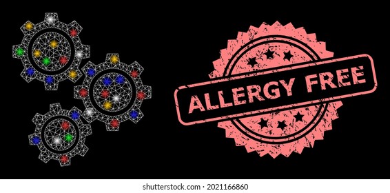 Shiny mesh net gears with glowing spots, and Allergy Free textured rosette stamp seal. Illuminated vector constellation created from gears pictogram.