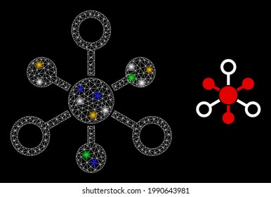 Shiny mesh net internet nodes with colored bright dots. Constellation vector mesh created from internet nodes icon. Sparkle constellation mesh internet nodes, on a black backgound.