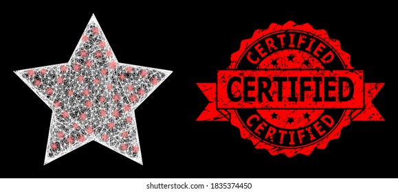 Shiny mesh net red star with light spots, and Certified textured ribbon stamp. Red stamp includes Certified text inside ribbon. Illuminated vector model created from red star icon with white mesh.