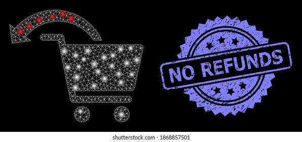 Luminoso pedido de compra de la red de reembolso de malla con focos de luz y sello de rosette sucio sin reembolso. Constelación vectorial iluminada creada a partir del icono de orden de compra de devolución.