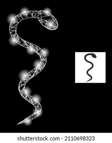 Shiny mesh net snake icon with illuminated spots. Illuminated constellation is done using snake vector icon and crossed lines. Constellation carcass snake, on a black background.