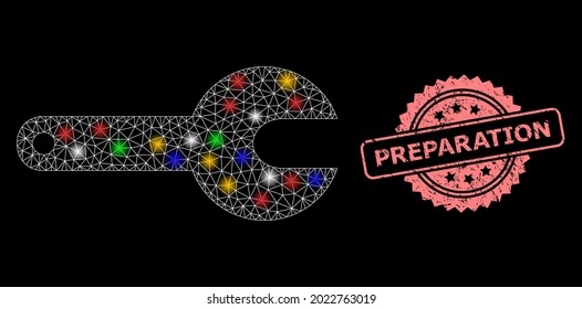 Shiny mesh net spanner tool with flash nodes, and Preparation grunge rosette seal imitation. Illuminated vector structure created from spanner tool pictogram.