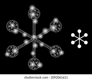 Shiny mesh net structure web icon with illuminated spots. Illuminated model generated using net structure vector icon. Bright carcass web polygonal net structure, on a black background.