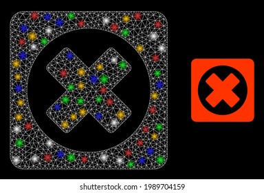 Shiny mesh net terminate with multicolored lightspots. Constellation vector frame created from terminate icon. Sparkle constellation mesh terminate, on a black backgound.