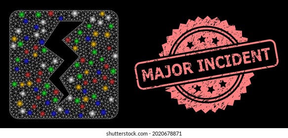 Shiny mesh net thunder crack with light spots, and Major Incident corroded rosette seal. Illuminated vector model created from thunder crack pictogram.