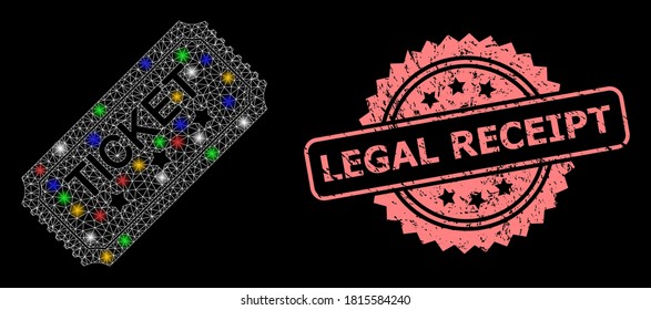Billete de red de malla brillante con manchas de luz y sello de rosetón grunge del recibo legal. Malla vectorial iluminada creada a partir del pictograma de la entrada. El sello rosado tiene el título de recibo legal dentro de la roseta.
