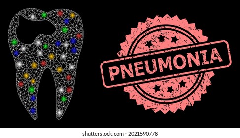 Shiny mesh net tooth caries with lightspots, and Pneumonia rubber rosette seal. Illuminated vector structure created from tooth caries symbol. Pink seal has Pneumonia tag inside rosette.