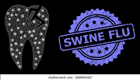Shiny mesh net tooth fracture with glowing spots, and Swine Flu scratched rosette seal print. Illuminated vector constellation created from tooth fracture icon.