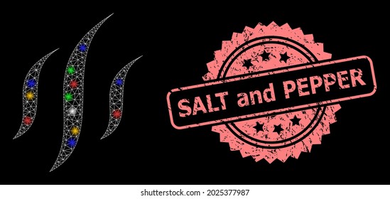 Shiny mesh net vapor with lightspots, and Salt and Pepper rubber rosette seal imitation. Illuminated vector mesh created from vapor symbol. Pink seal contains Salt and Pepper caption inside rosette.