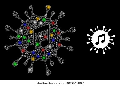 Shiny mesh net virus melody with vibrant lightspots. Constellation vector model created from virus melody pictogram. Sparkle constellation mesh virus melody, on a black backgound.
