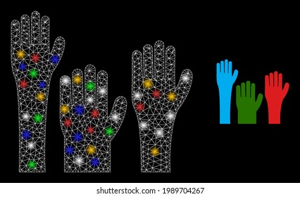 Shiny mesh net voting hands with colored lightspots. Illuminated vector mesh created from voting hands icon. Sparkle frame mesh voting hands, on a black backgound.