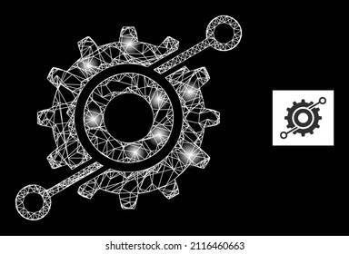 Shiny mesh net wheel connections icon with illuminated spots. Illuminated constellation done from wheel connections vector icon and crossed lines. Constellation frame wheel connections,
