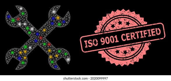 Shiny mesh net wrenches with light spots, and ISO 9001 Certified scratched rosette seal print. Illuminated vector mesh created from wrenches symbol.