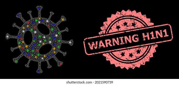 Shiny mesh network 2019-ncov virus with light spots, and Warning H1N1 unclean rosette seal imitation. Illuminated vector mesh created from 2019-ncov virus icon.