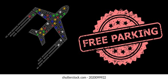 Shiny mesh network airplane trail with light spots, and Free Parking dirty rosette stamp. Illuminated vector mesh created from airplane trail pictogram.