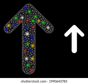 Shiny mesh network arrow up with colored light dots. Constellation vector mesh created from arrow up symbol. Sparkle constellation polygonal arrow up, on a black backgound.