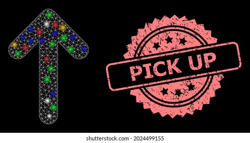 Shiny mesh network up arrow with lightspots, and Pick Up textured rosette stamp seal. Illuminated vector model created from up arrow symbol. Pink seal includes Pick Up text inside rosette.