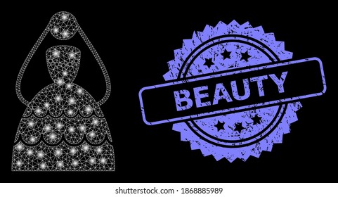 Shiny mesh network bride with light spots, and Beauty dirty rosette stamp seal. Illuminated vector model created from bride icon. Blue stamp seal contains Beauty caption inside rosette.