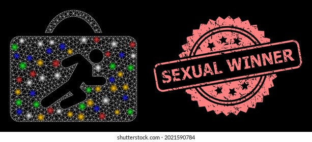 Shiny mesh network career case with lightspots, and Sexual Winner textured rosette stamp seal. Illuminated vector model created from career case pictogram.