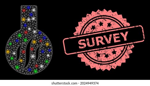 Shiny mesh network chemical aroma with glowing spots, and Survey textured rosette seal. Illuminated vector mesh created from chemical aroma pictogram.