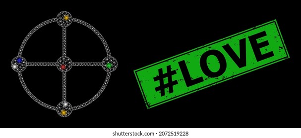 Nodos de red de malla brillante de red de nodos de red con puntos de luz multicolores, y estampilla de etiqueta de color Sello de amor. Sello de sello verde contiene la etiqueta Título de amor dentro del rectángulo enmarcado.