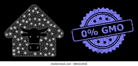 Shiny mesh network cow farm with light spots, and 0 percent GMO corroded rosette stamp seal. Illuminated vector model created from cow farm icon. Blue stamp seal contains 0 percent GMO text inside