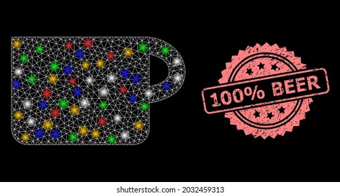 Shiny mesh network cup with lightspots, and 100 percent Beer rubber rosette seal imitation. Illuminated vector mesh created from cup symbol. Pink stamp seal contains 100 percent Beer caption inside
